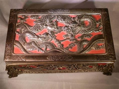 metal japanese box with dragons and honeycomb bottom worth|Japanese Dragon Metal Box .